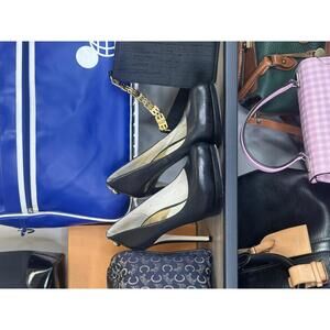 Michael Michael Kors Black Leather Platform Pumps Size 8, 5” heel, gold tone MK